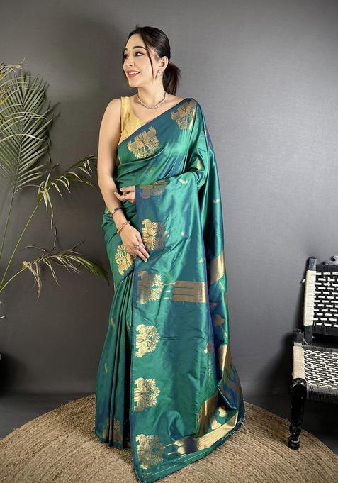 Dark Teal Motif Silk Saree Set