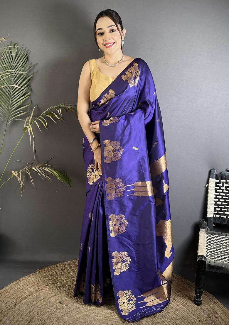 Violet Motif Silk Blend Saree Set for Diwali and Festive Wear - Indya