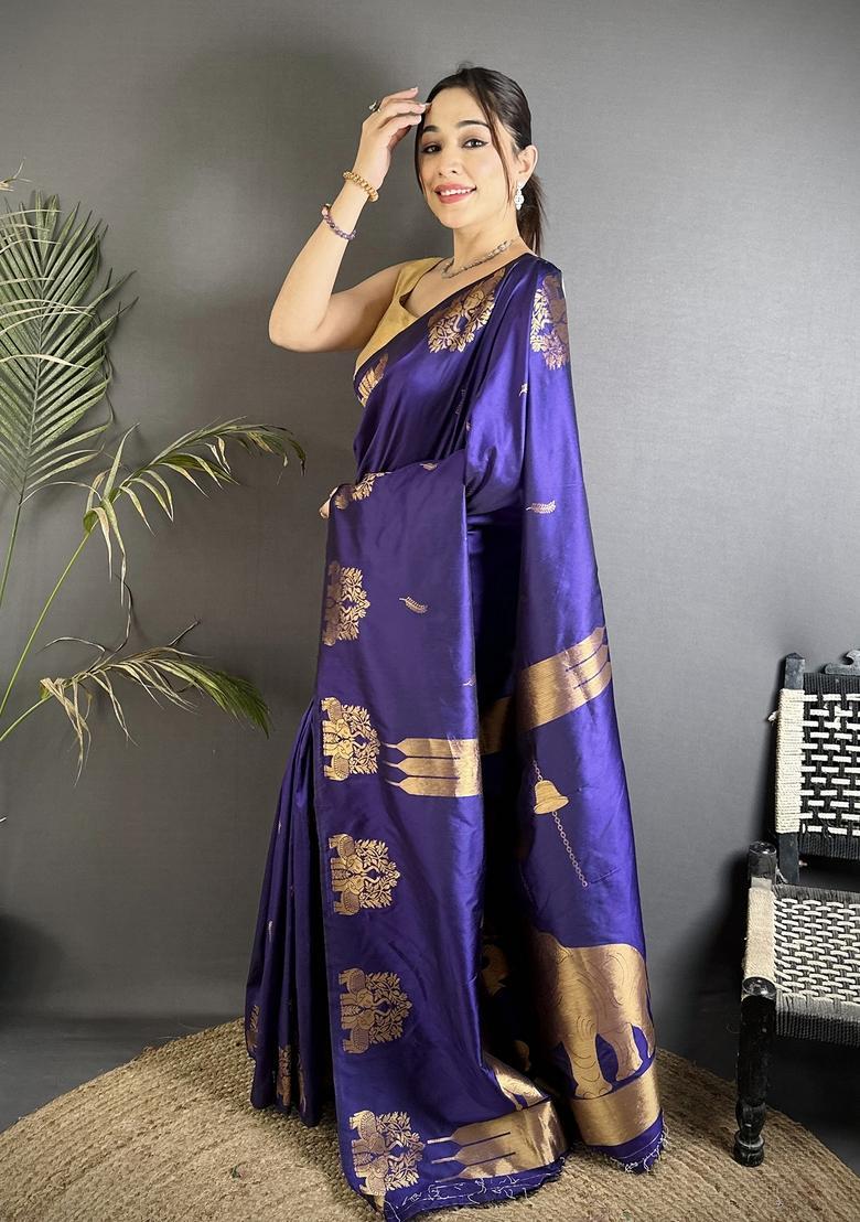 Violet Motif Silk Saree Set - Indya