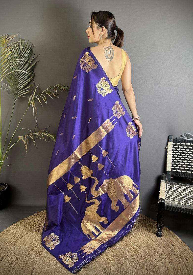 Violet Motif Silk Blend Saree Set for Diwali and Festive Wear - Indya