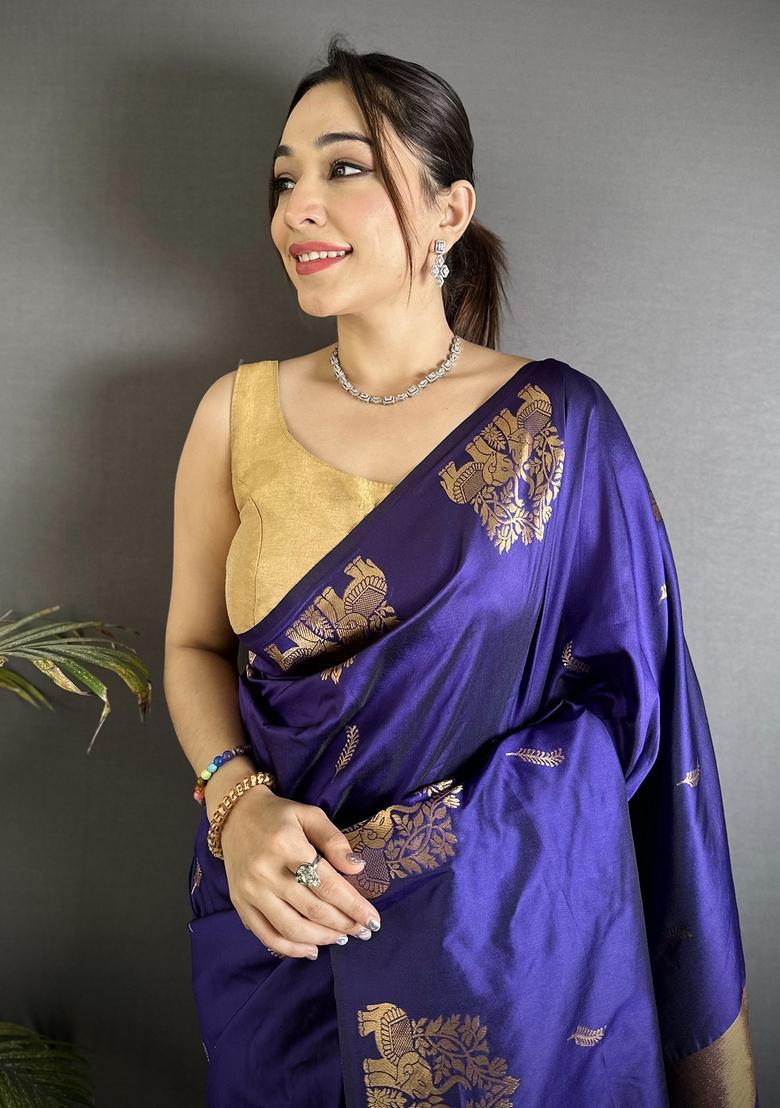 Violet Motif Silk Saree Set - Indya