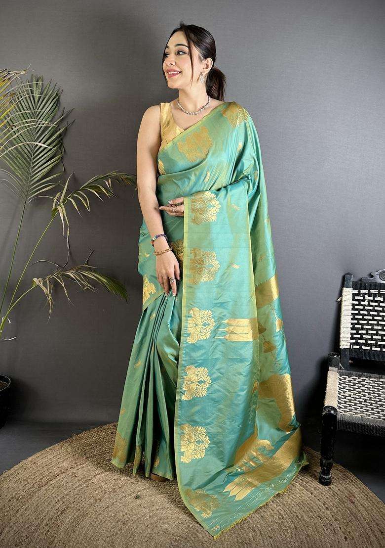 Sea Green Motif Silk Blend Saree Set for Diwali | Wedding & Festive Wear - Indya