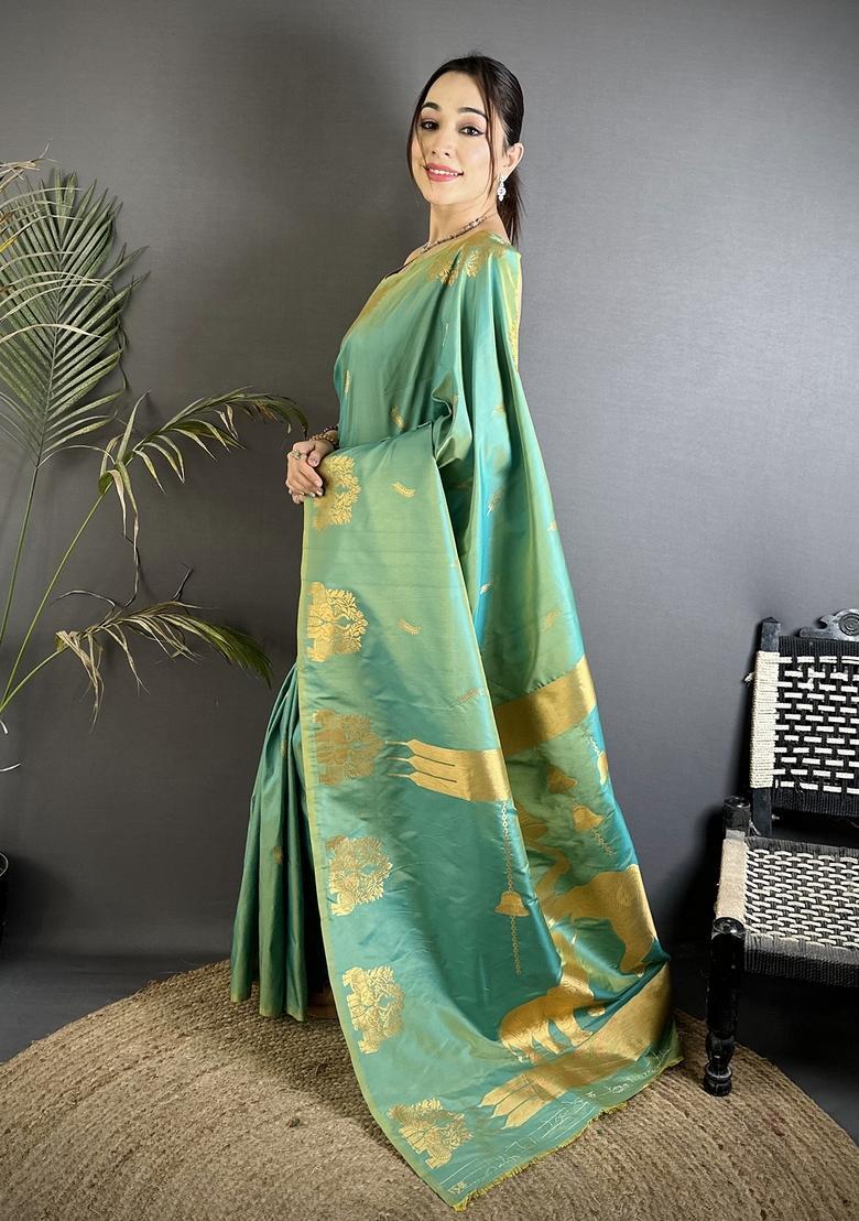 Sea Green Motif Silk Saree Set - Indya