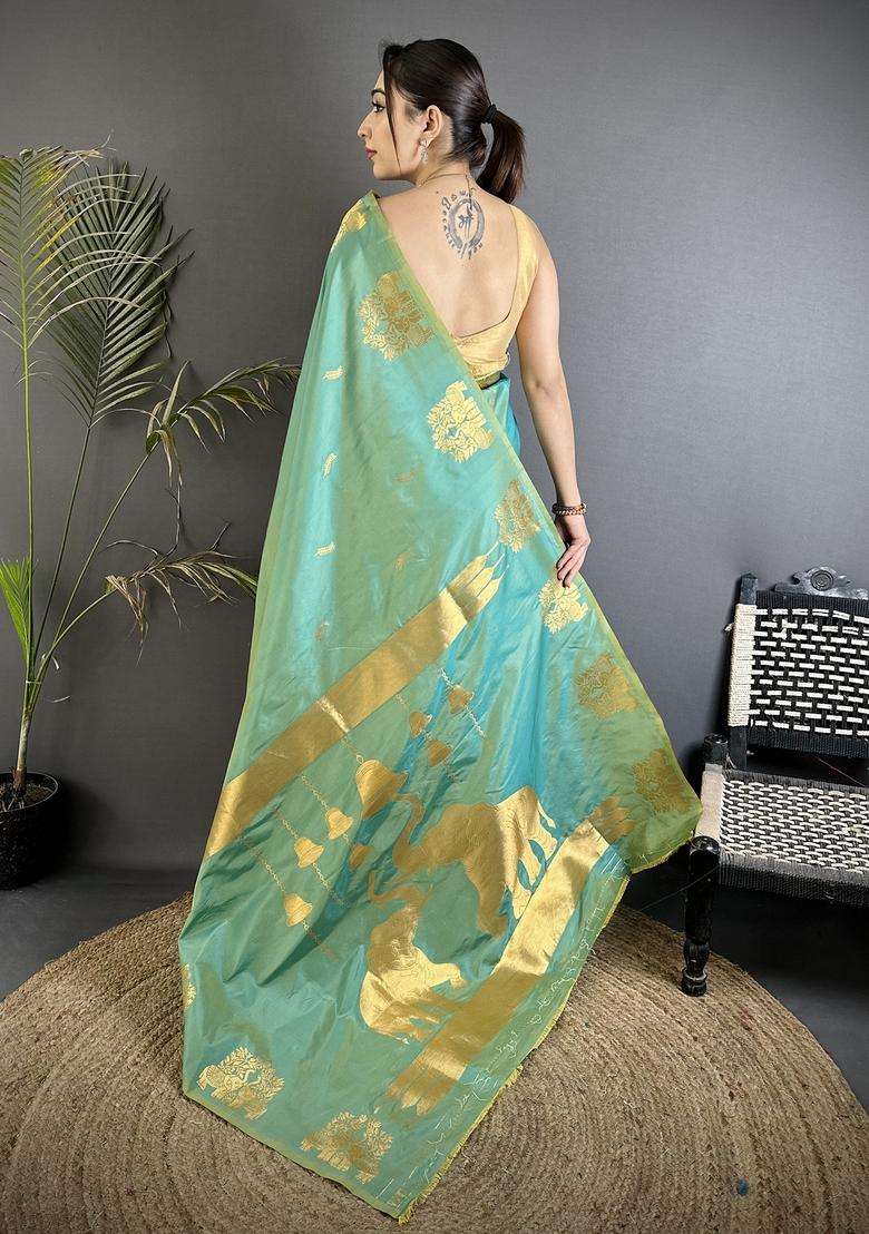 Sea Green Motif Silk Blend Saree Set for Diwali | Wedding & Festive Wear - Indya