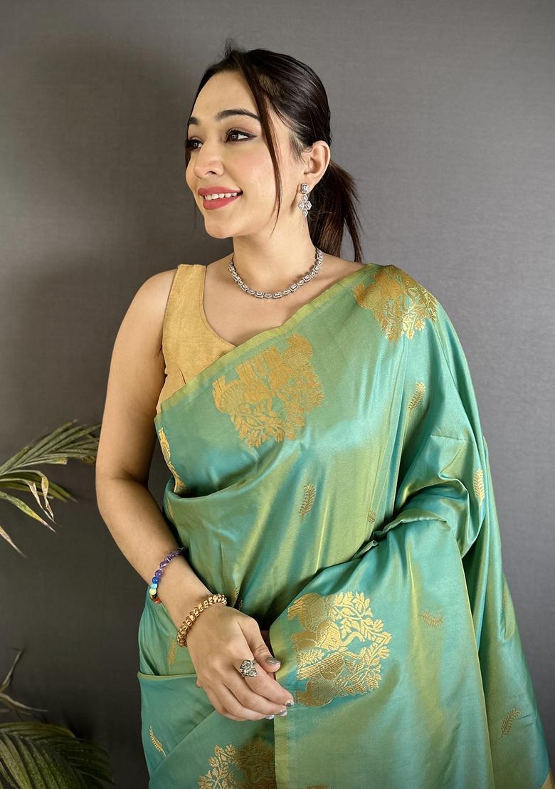 Sea Green Motif Silk Saree Set - Indya