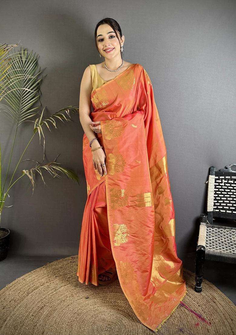 Orange Motif Silk Blend Saree Set for Diwali | Wedding & Festive Wear - Indya