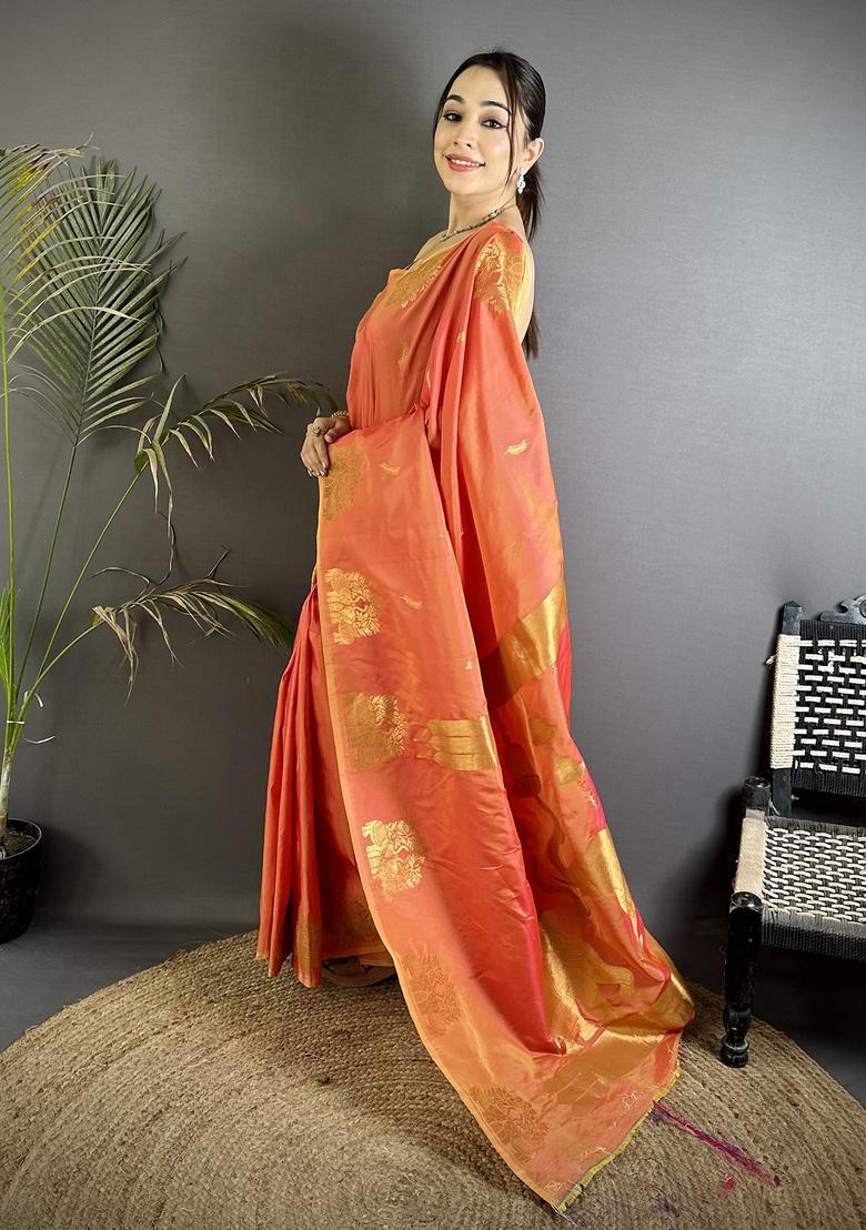 Orange Motif Silk Saree Set - Indya