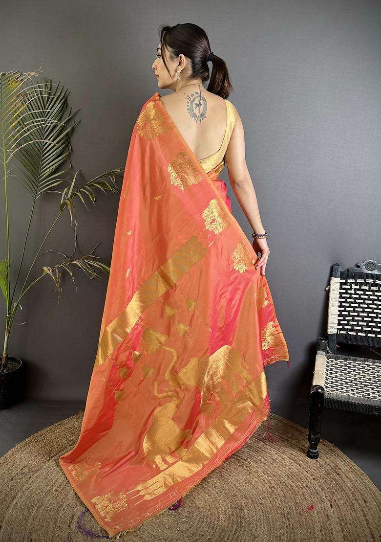 Orange Motif Silk Blend Saree Set for Diwali | Wedding & Festive Wear - Indya