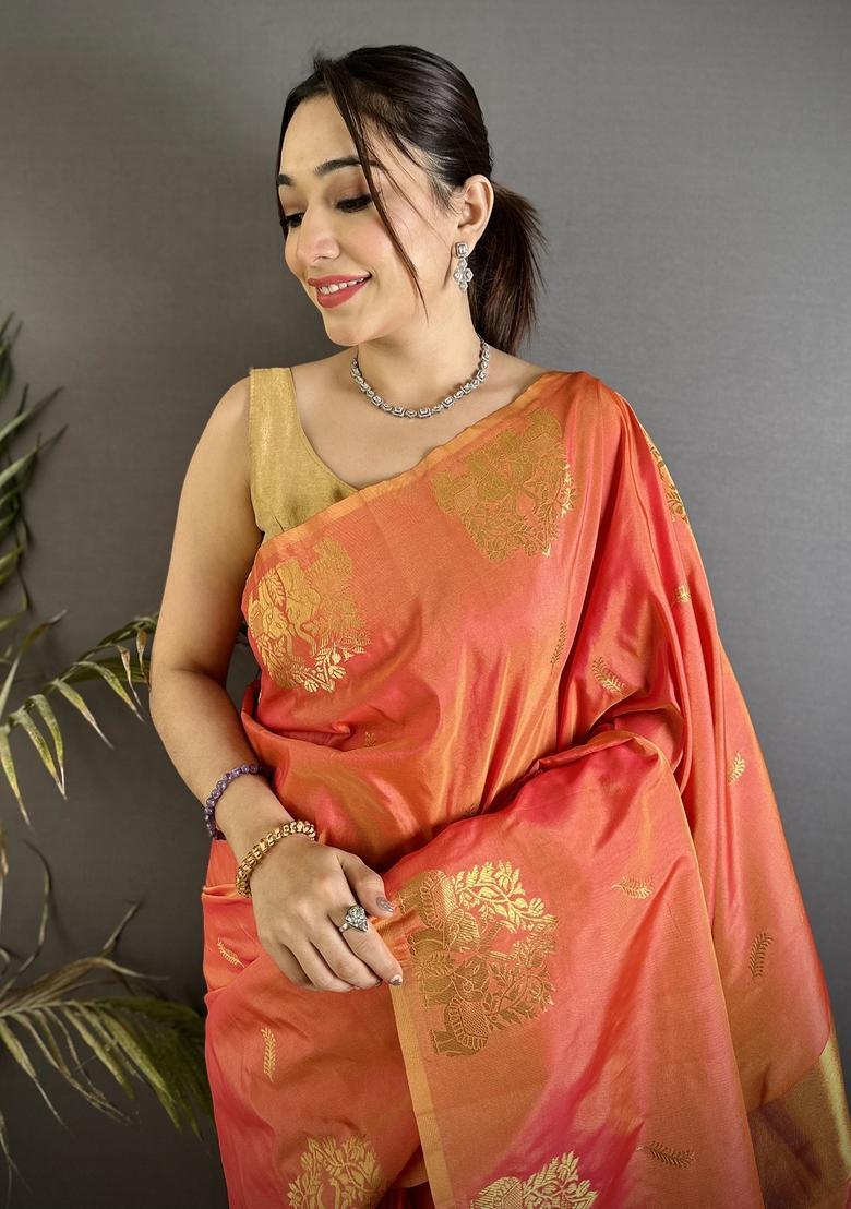 Orange Motif Silk Saree Set - Indya