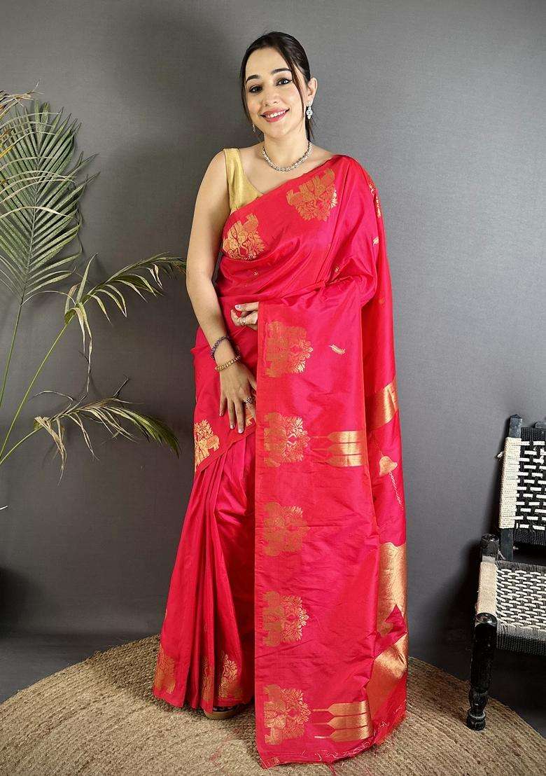 Crimson Red Motif Silk Blend Saree Set for Diwali | Wedding & Festive Wear - Indya