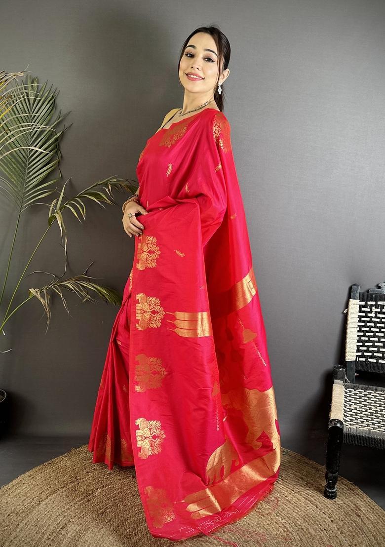 Crimson Red Motif Silk Saree Set - Indya
