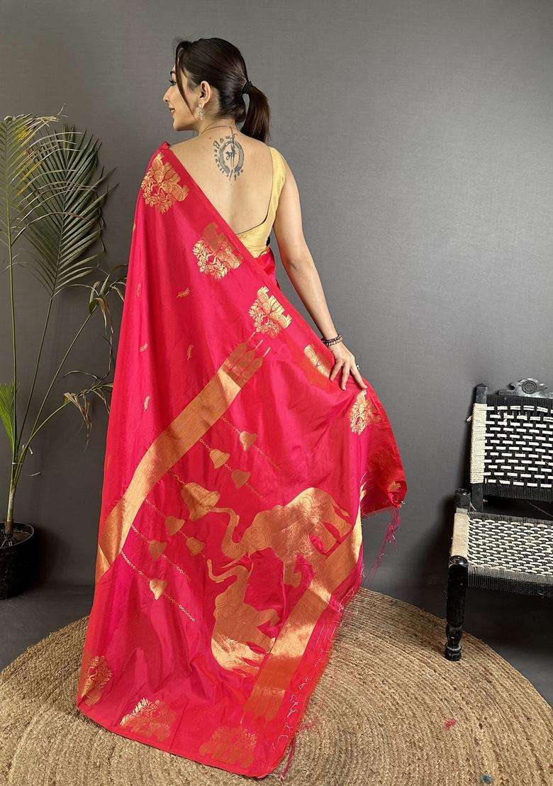 Crimson Red Motif Silk Blend Saree Set for Diwali | Wedding & Festive Wear - Indya