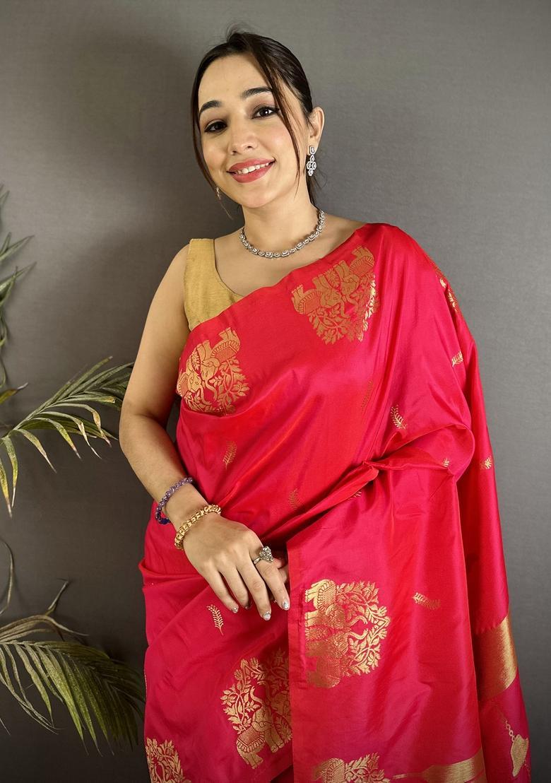 Crimson Red Motif Silk Saree Set - Indya
