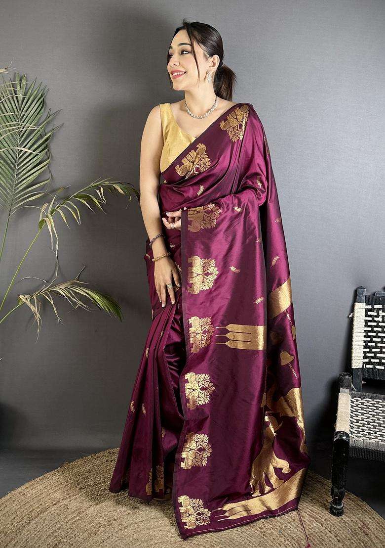 Magenta Motif Silk Blend Saree Set for Diwali | Wedding & Festive Wear - Indya