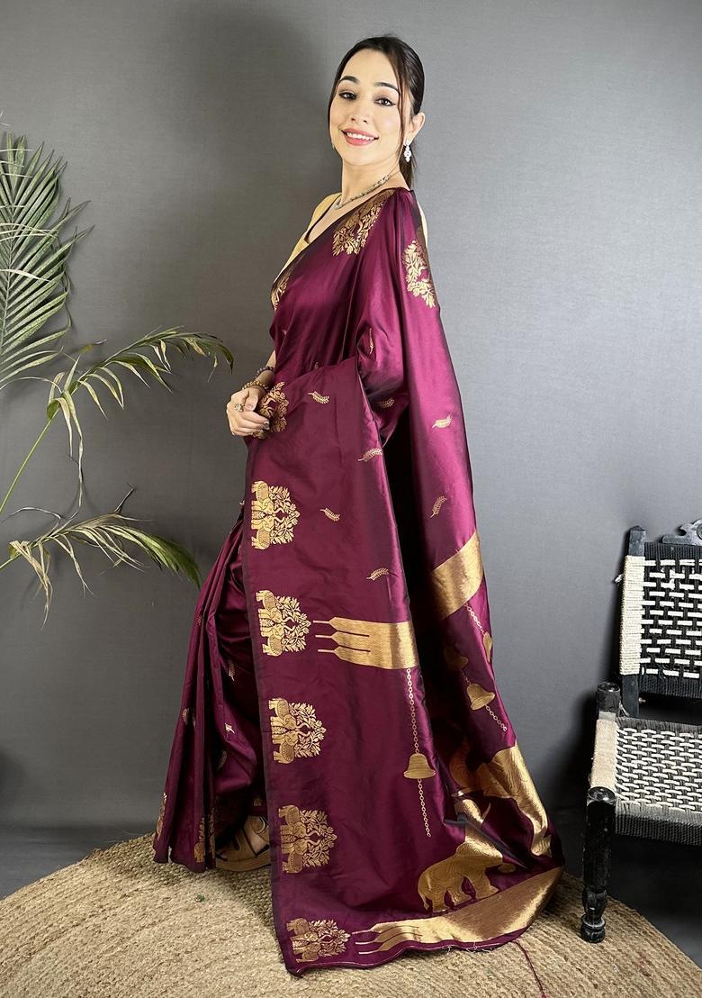 Magenta Motif Silk Saree Set - Indya