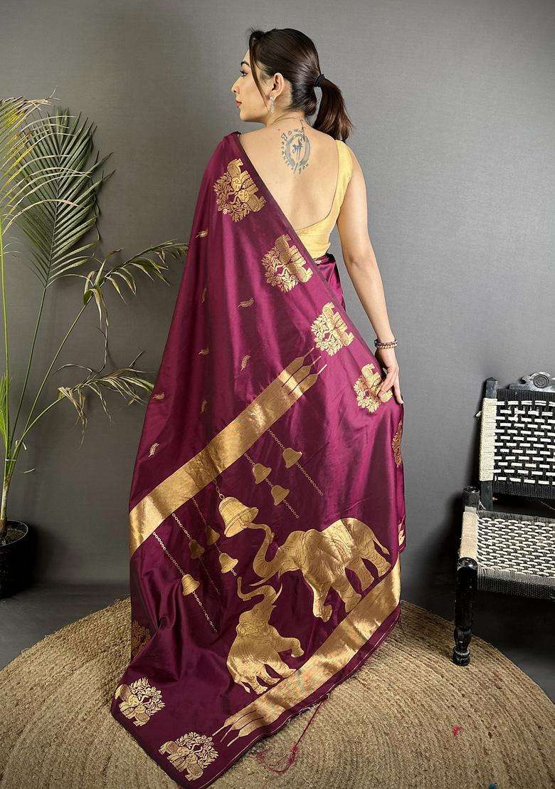 Magenta Motif Silk Blend Saree Set for Diwali | Wedding & Festive Wear - Indya