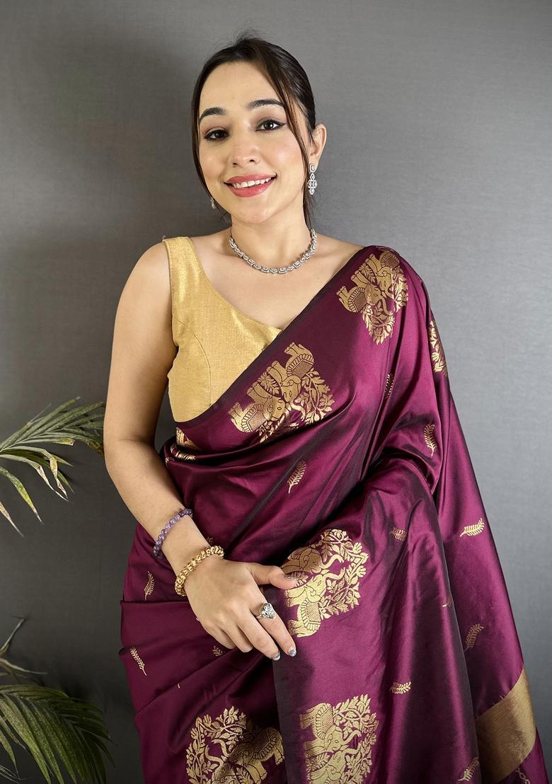 Magenta Motif Silk Saree Set - Indya