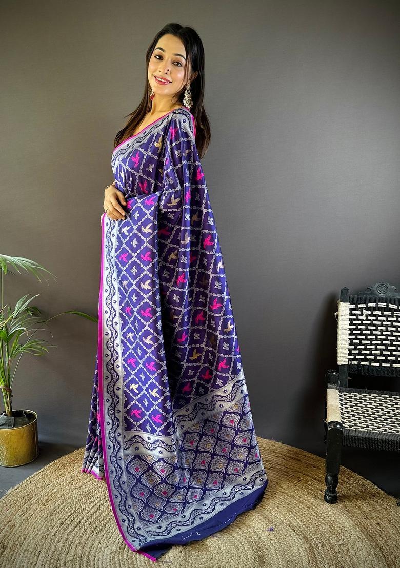 Blue Woven Silk Saree Set - Indya