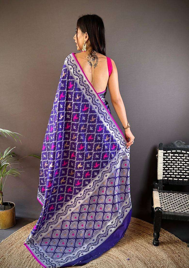 Blue Woven Silk Blend Saree Set for Diwali | Wedding & Festive Wear - Indya