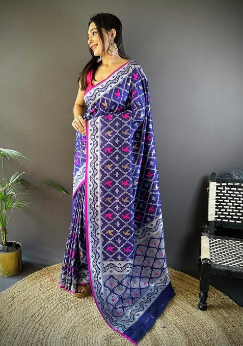 Blue Woven Silk Saree Set