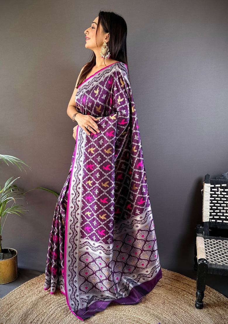 Purple Woven Silk Saree Set - Indya
