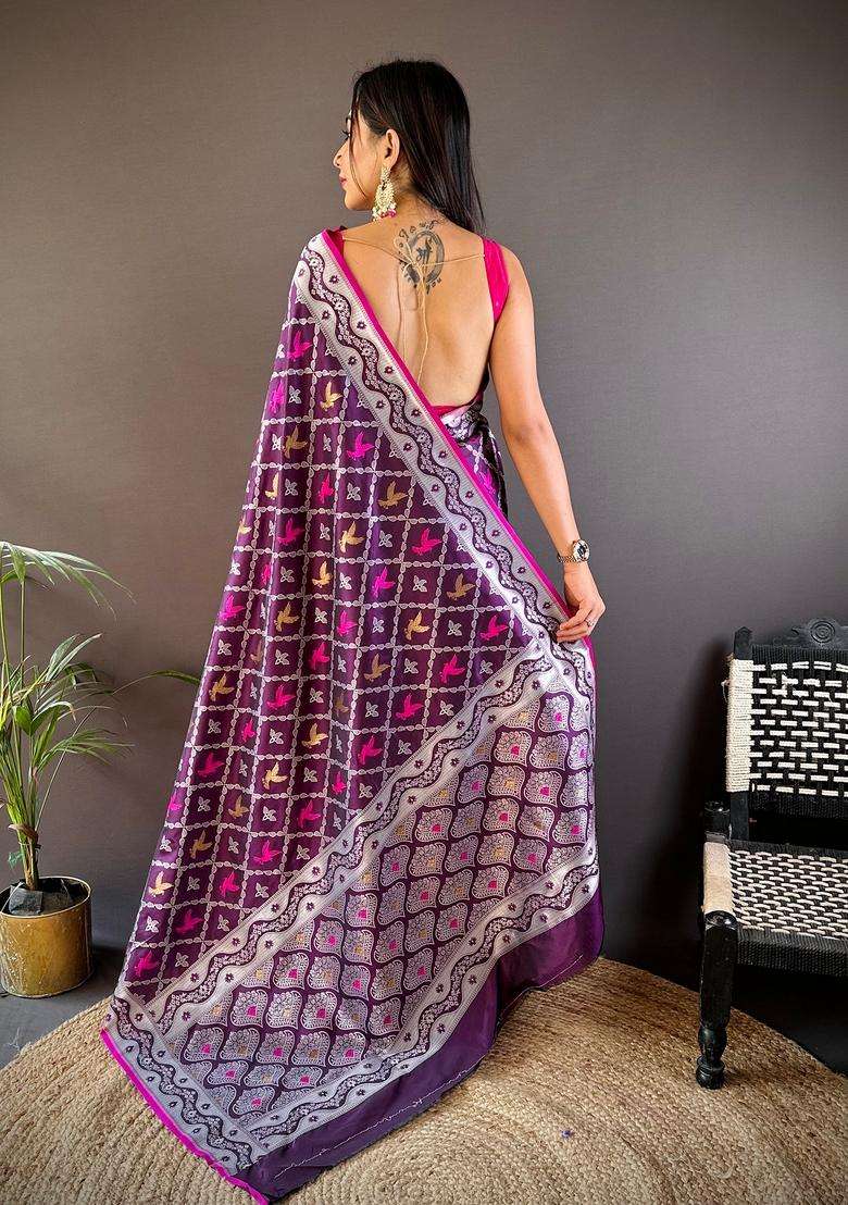 Purple Woven Silk Blend Saree Set for Diwali and Festive Wear - Indya