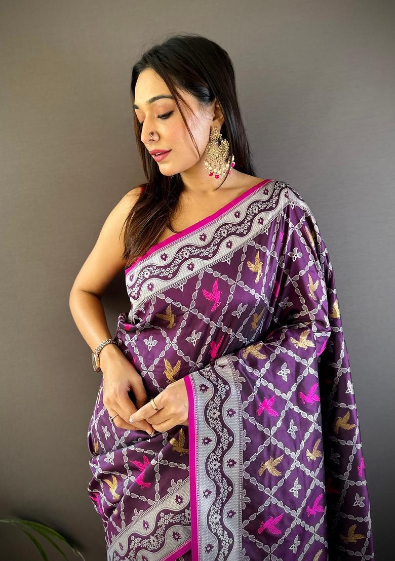 Purple Woven Silk Saree Set - Indya