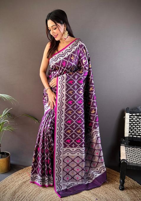 Purple Woven Silk Saree Set