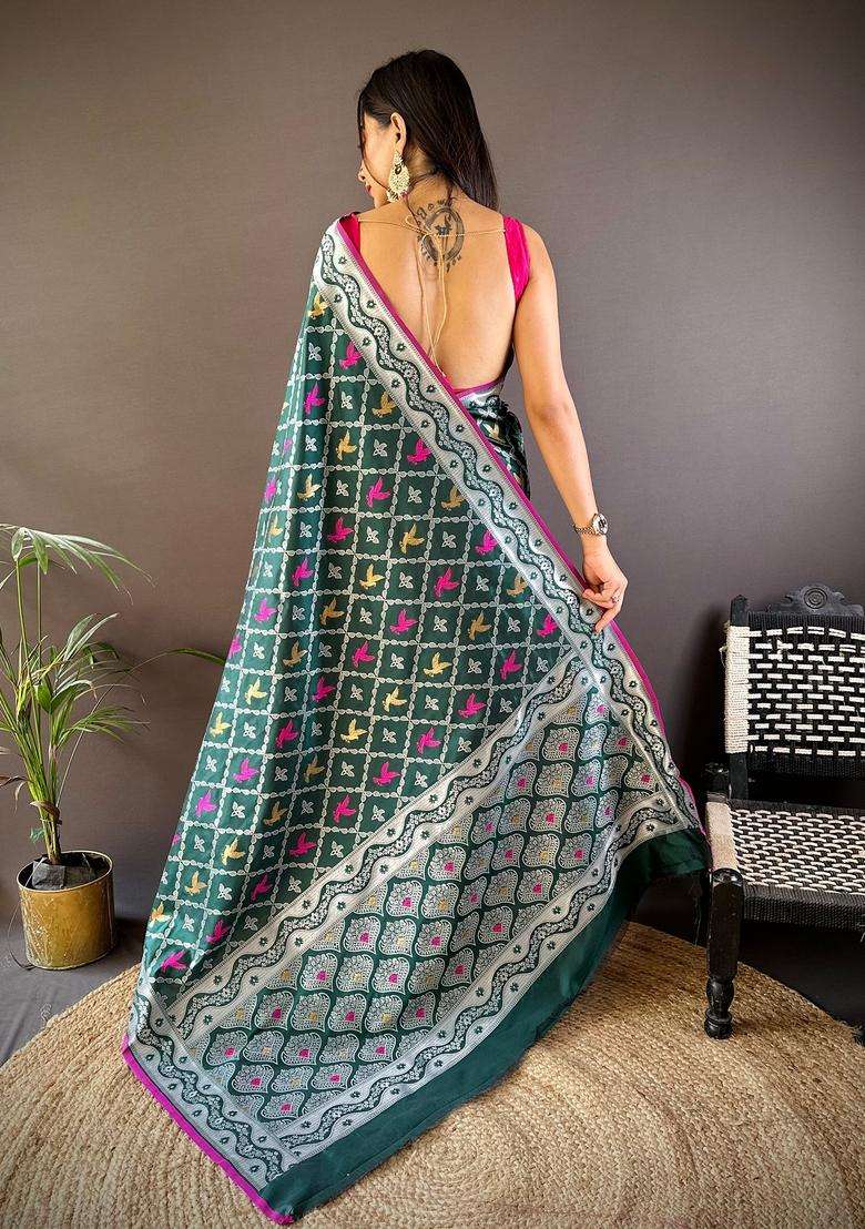 Dark Green Woven Silk Blend Saree Set for Diwali | Wedding & Festive Wear - Indya