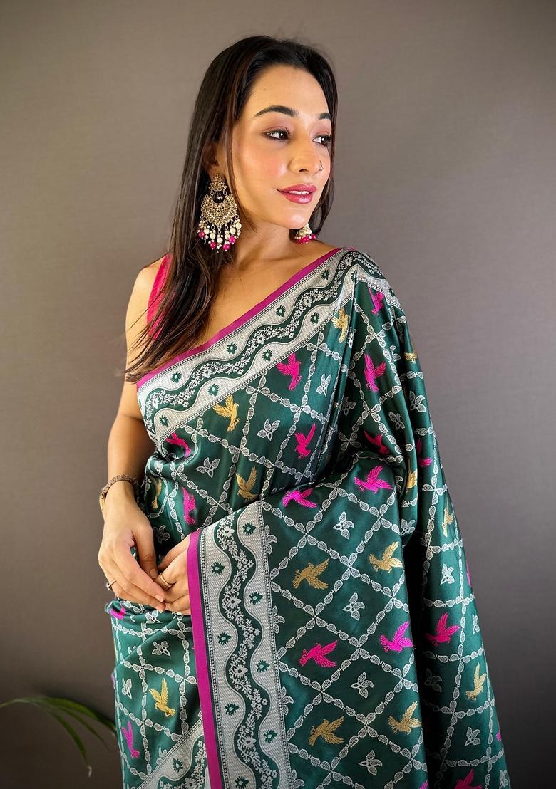 Dark Green Woven Silk Saree Set - Indya