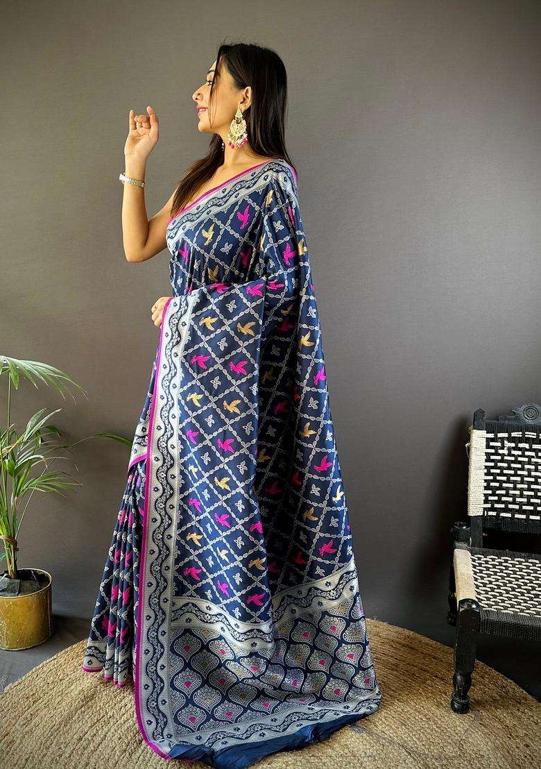 Royal Blue Woven Silk Blend Saree Set for Diwali and Festive Wear - Indya