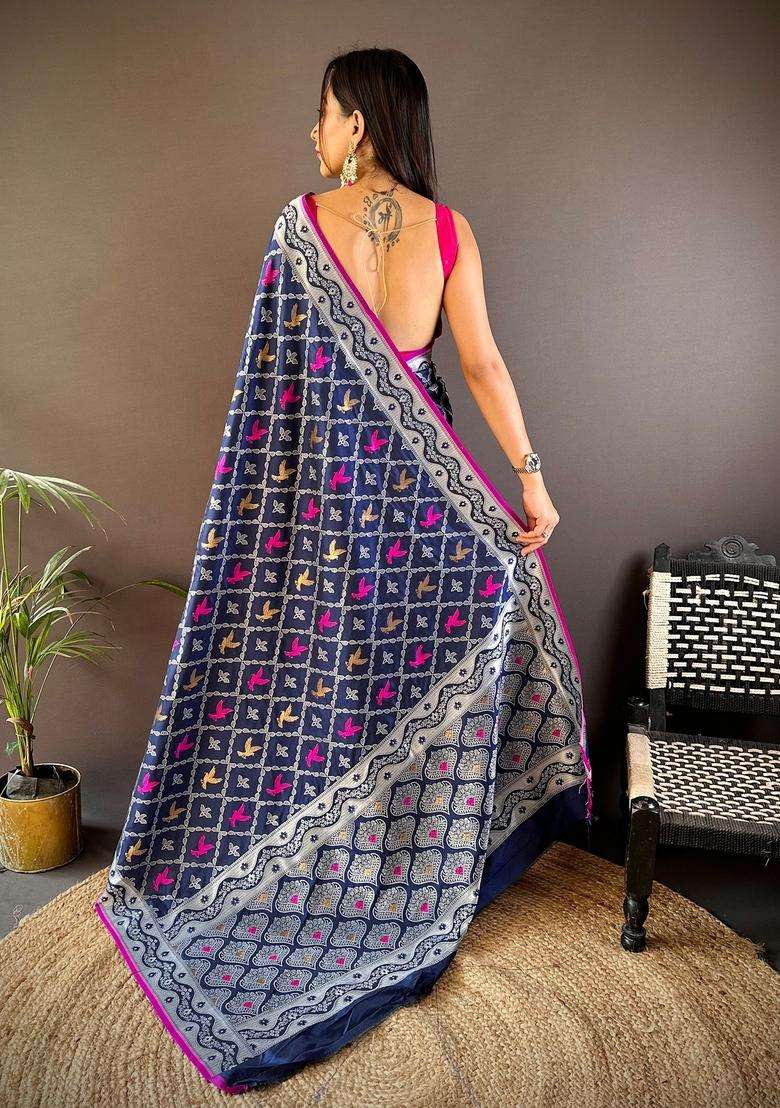 Royal Blue Woven Silk Blend Saree Set for Diwali and Festive Wear - Indya