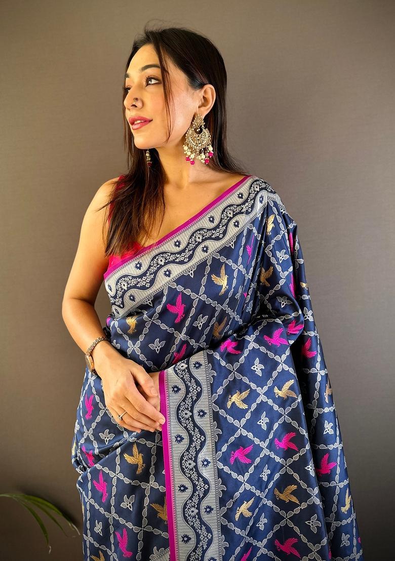Royal Blue Woven Silk Saree Set - Indya