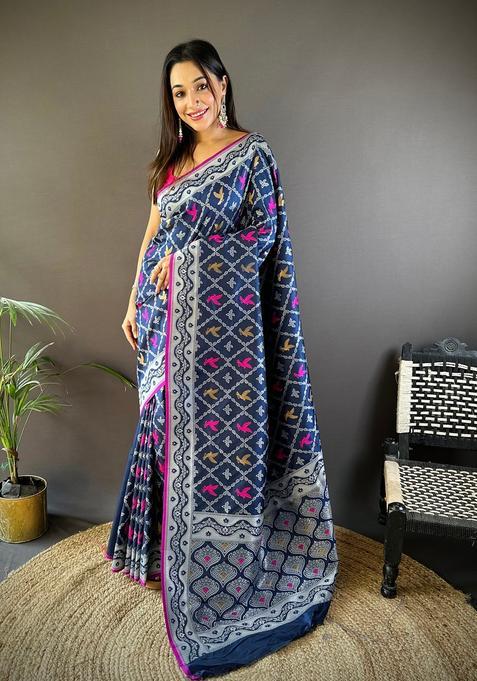 Royal Blue Woven Silk Saree Set