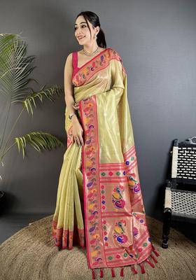 Golden Beige Zari Weaving Tissue Saree Set