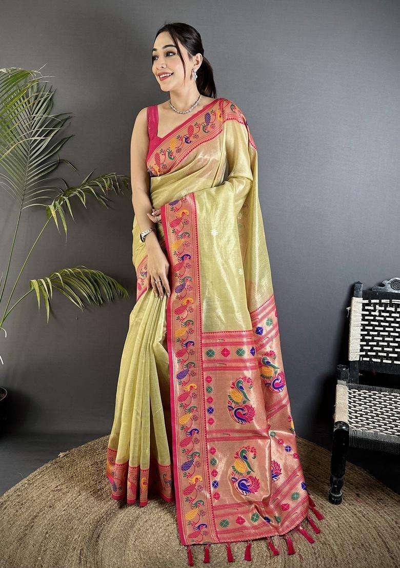Golden Beige Zari Weaving Tissue Saree Set for Diwali and Festive Wear - Indya