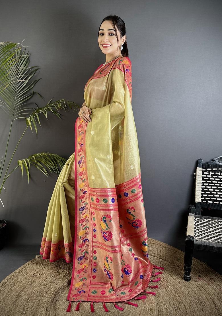 Golden Beige Zari Weaving Tissue Saree Set - Indya
