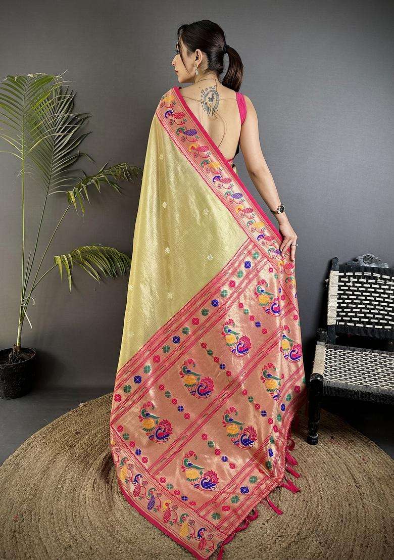 Golden Beige Zari Weaving Tissue Saree Set for Diwali and Festive Wear - Indya