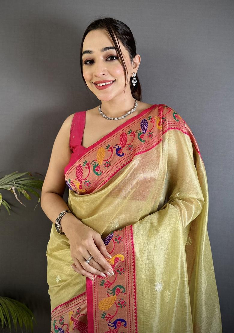 Golden Beige Zari Weaving Tissue Saree Set - Indya