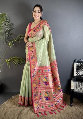 Pista Green Zari Weaving Tissue Saree Set