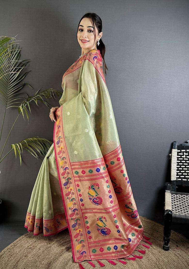 Pista Green Zari Weaving Tissue Saree Set for Diwali | Wedding & Festive Wear - Indya