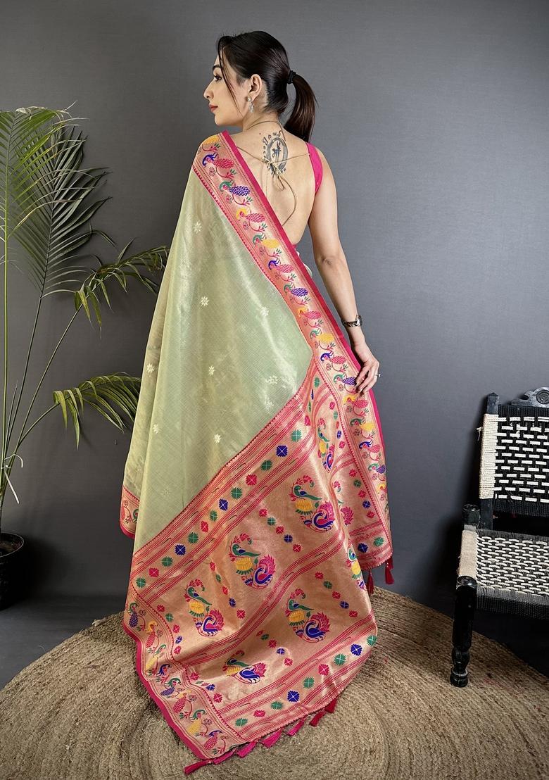 Pista Green Zari Weaving Tissue Saree Set - Indya