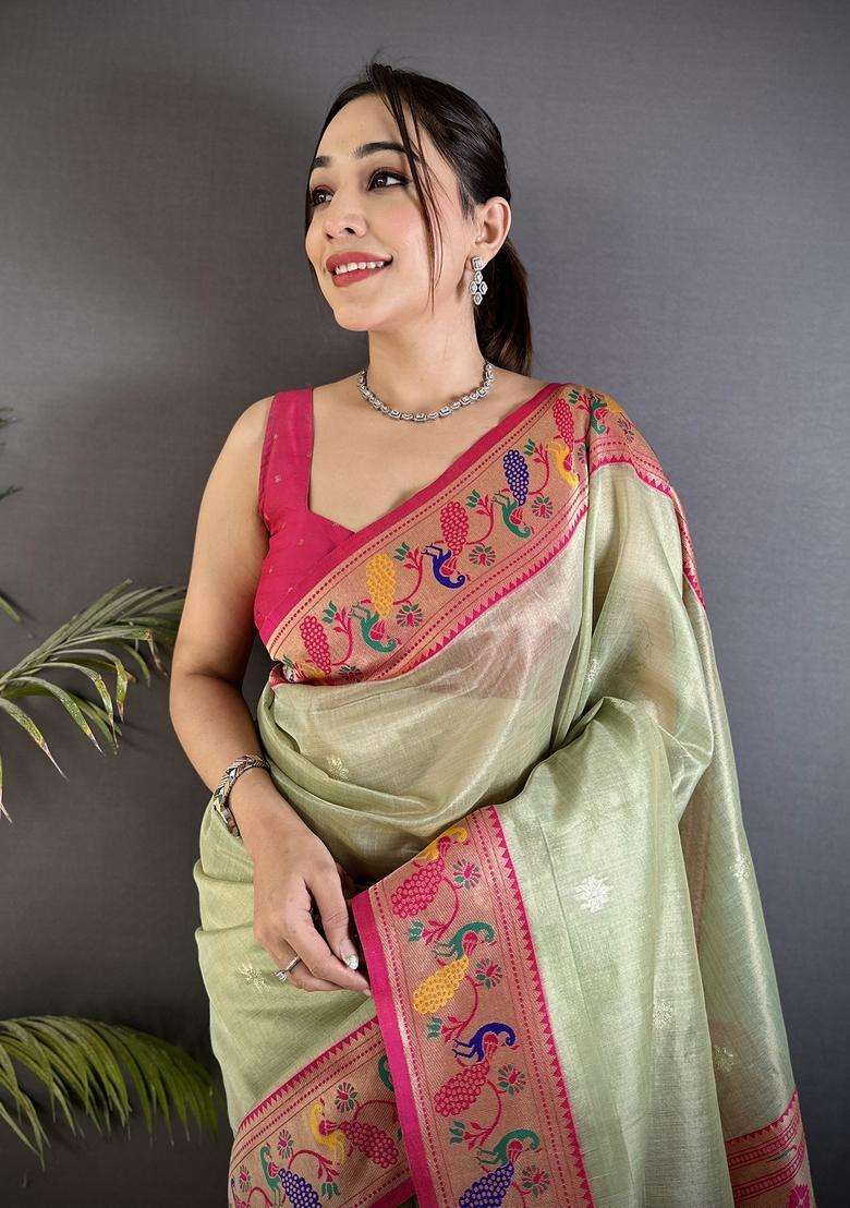 Pista Green Zari Weaving Tissue Saree Set for Diwali | Wedding & Festive Wear - Indya