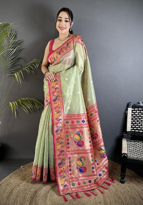 Pista Green Zari Weaving Tissue Saree Set