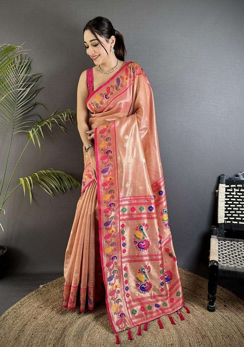 Dark Peach Zari Weaving Tissue Saree Set for Diwali and Festive Wear - Indya