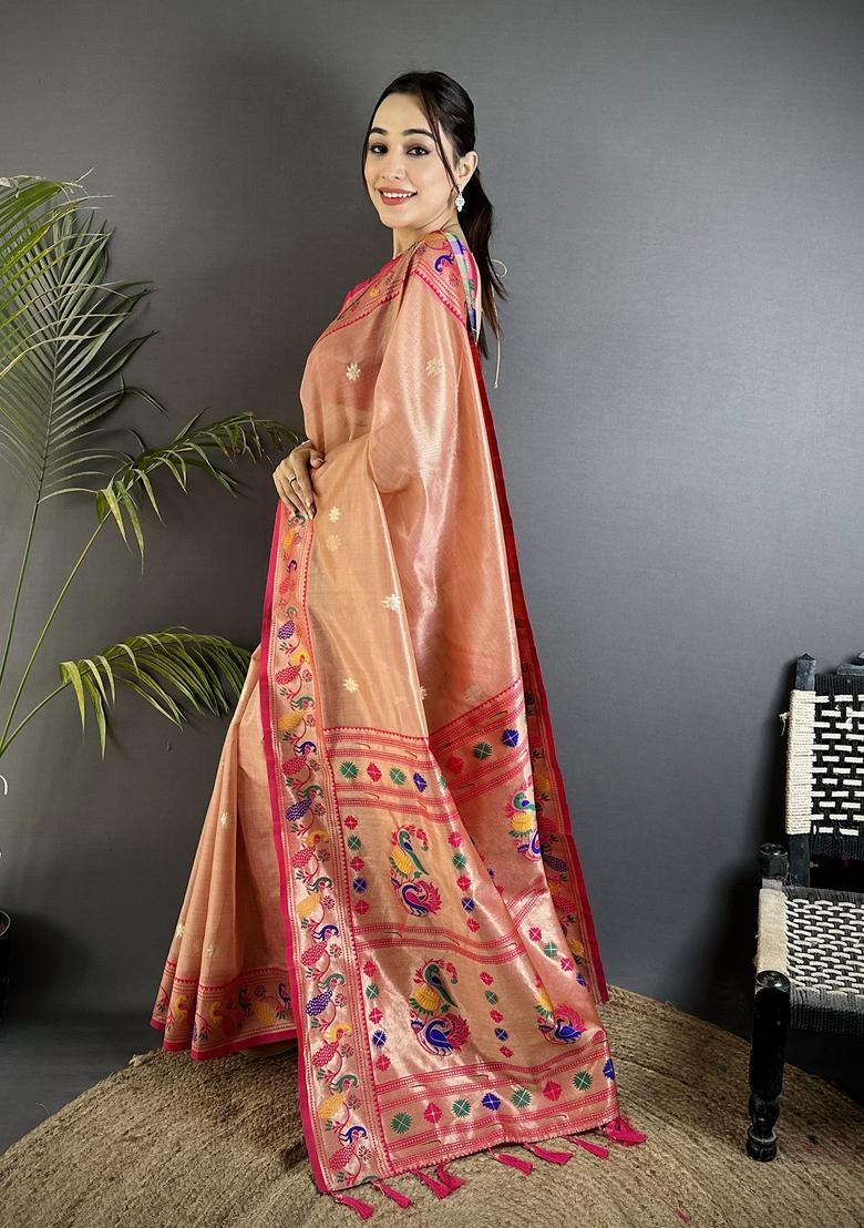 Dark Peach Zari Weaving Tissue Saree Set - Indya