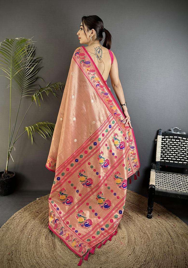 Dark Peach Zari Weaving Tissue Saree Set for Diwali and Festive Wear - Indya