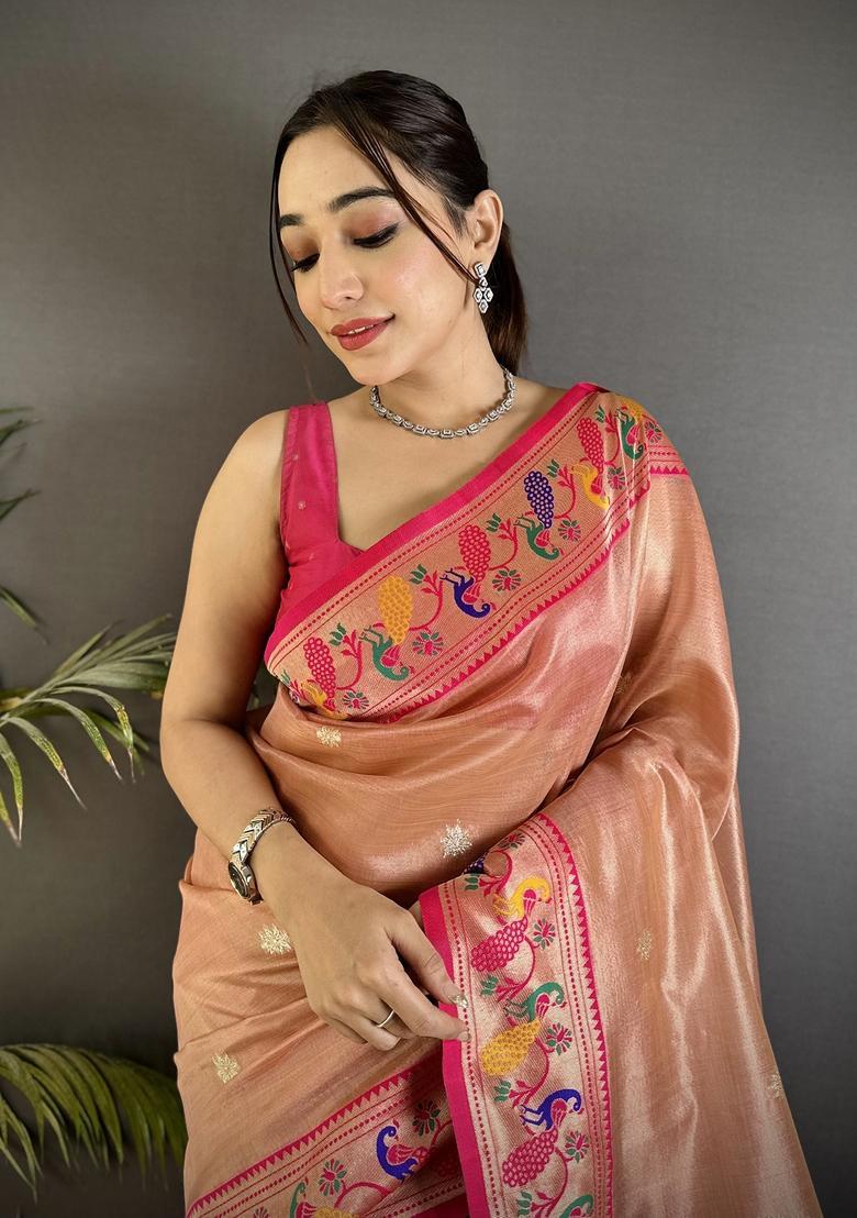 Dark Peach Zari Weaving Tissue Saree Set - Indya