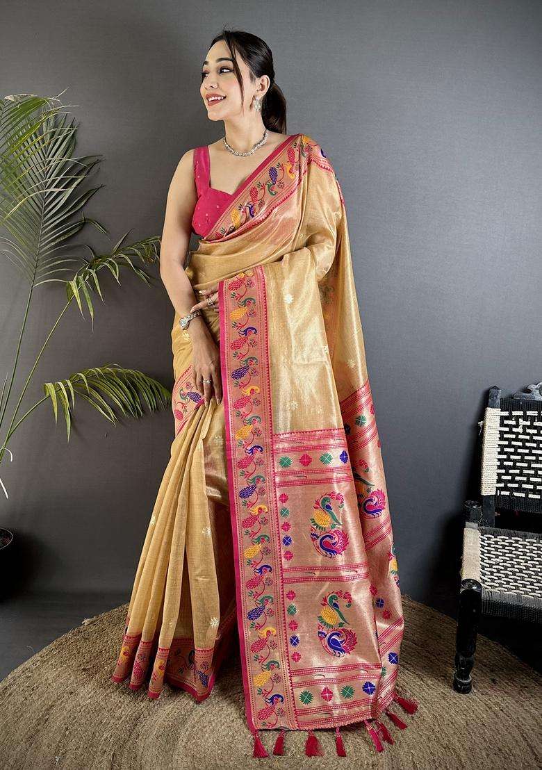 Beige Zari Weaving Tissue Saree Set for Diwali | Wedding & Festive Wear - Indya