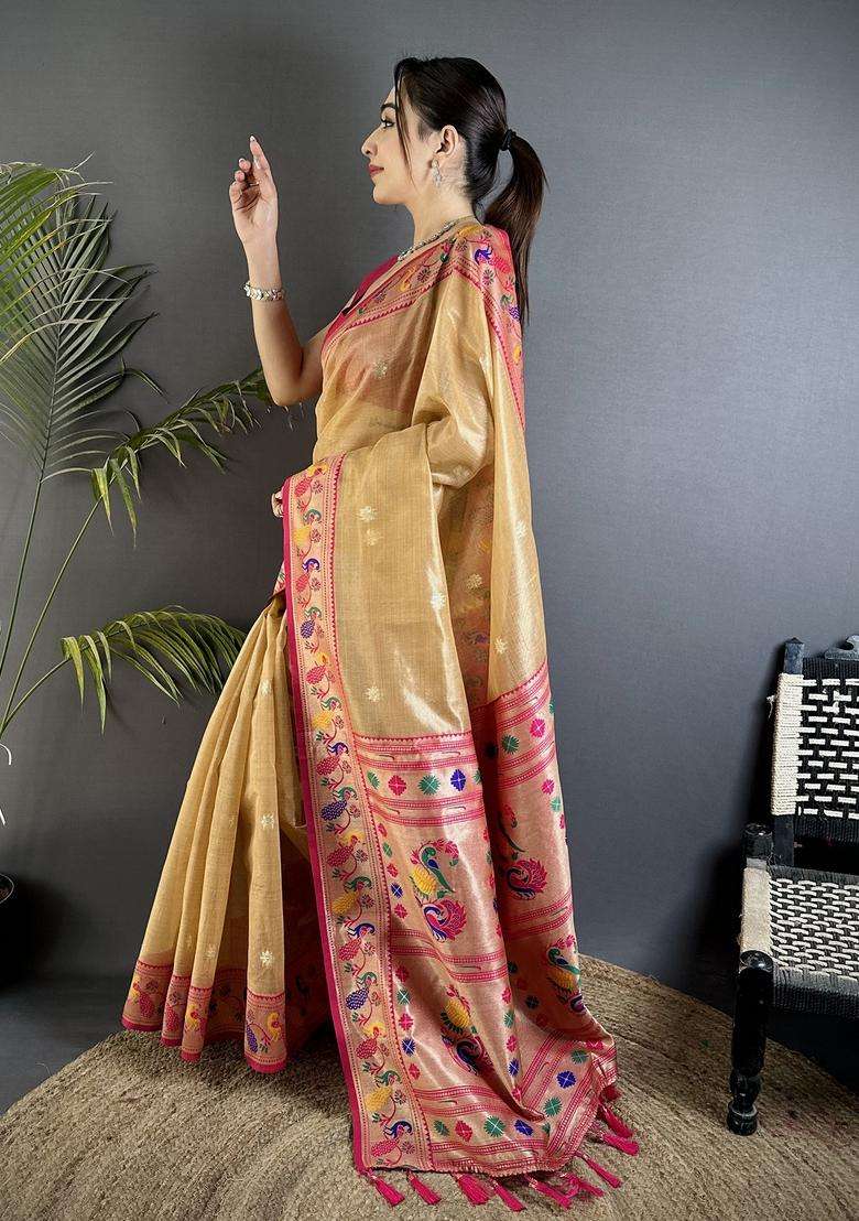 Beige Zari Weaving Tissue Saree Set for Diwali | Wedding & Festive Wear - Indya